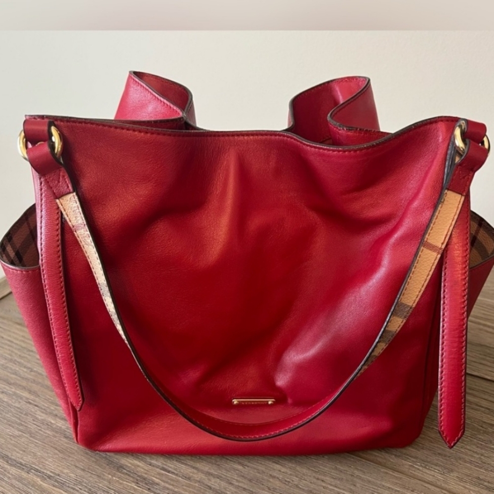 Burberry Red Leather Shoulder Bag with Check Trim